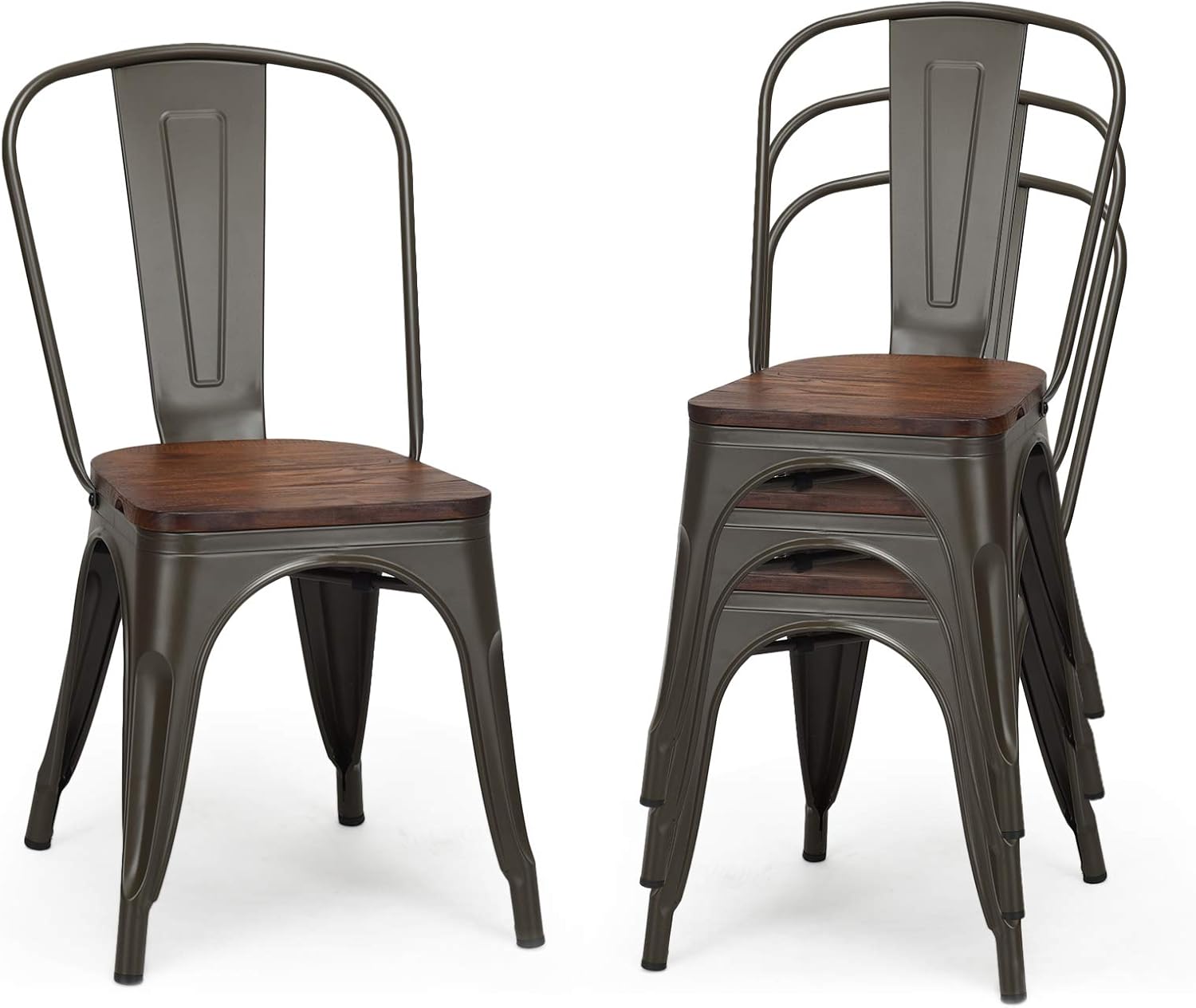 HAPPYGRILL Dining Chairs Set of 4, Indoor Outdoor Metal Kitchen Chairs with Wood Seat & High Backrest, Tolix-Style Stackable Counter Bar Chairs for Living Room, Restaurant, Patio & Party