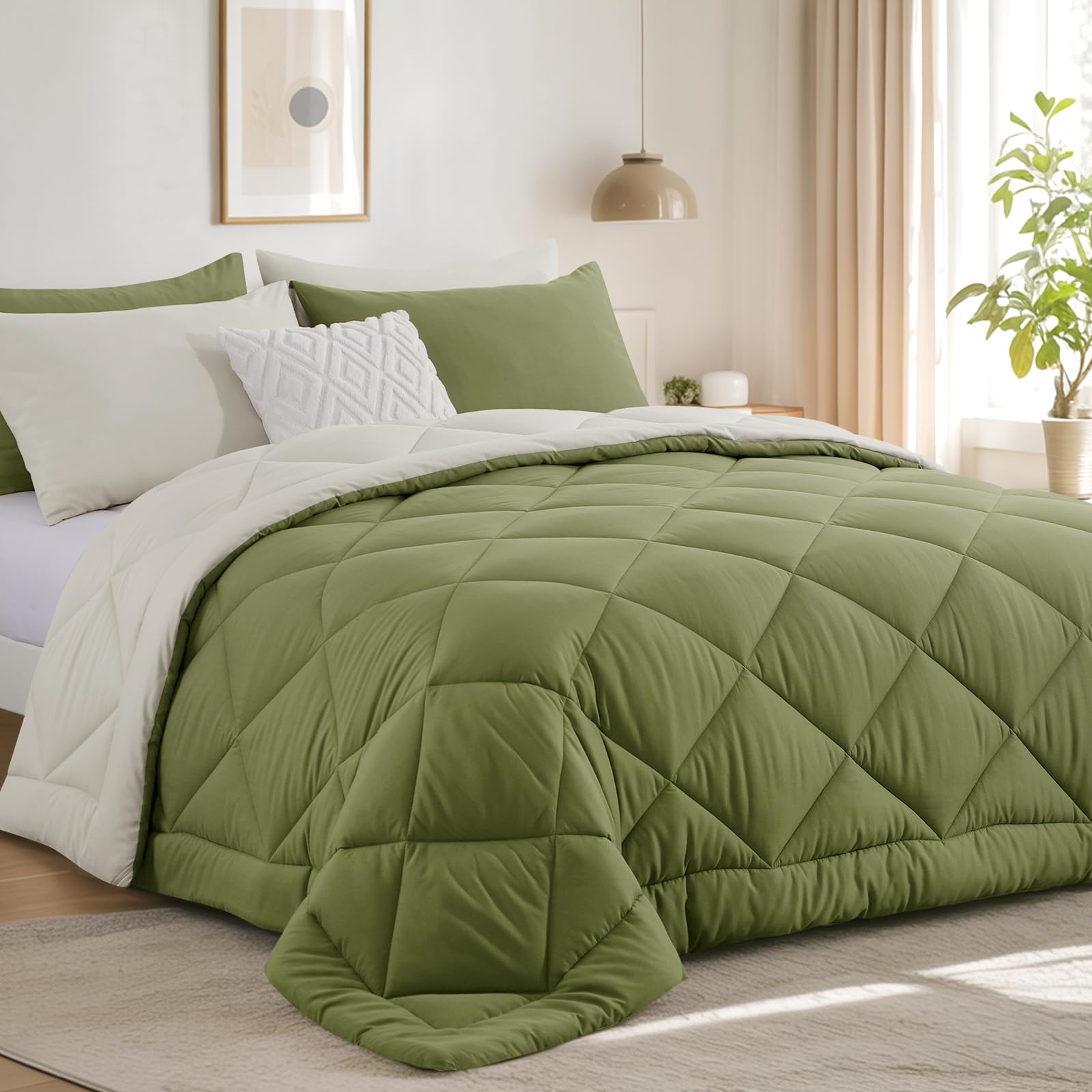 RUIKASI Coverless Duvet Single 10.5 Tog - Reversible Comforter with 1 Pillowcase, 135x200cm Quilt Lightweight and Warm All Season, Olive Green and Beige