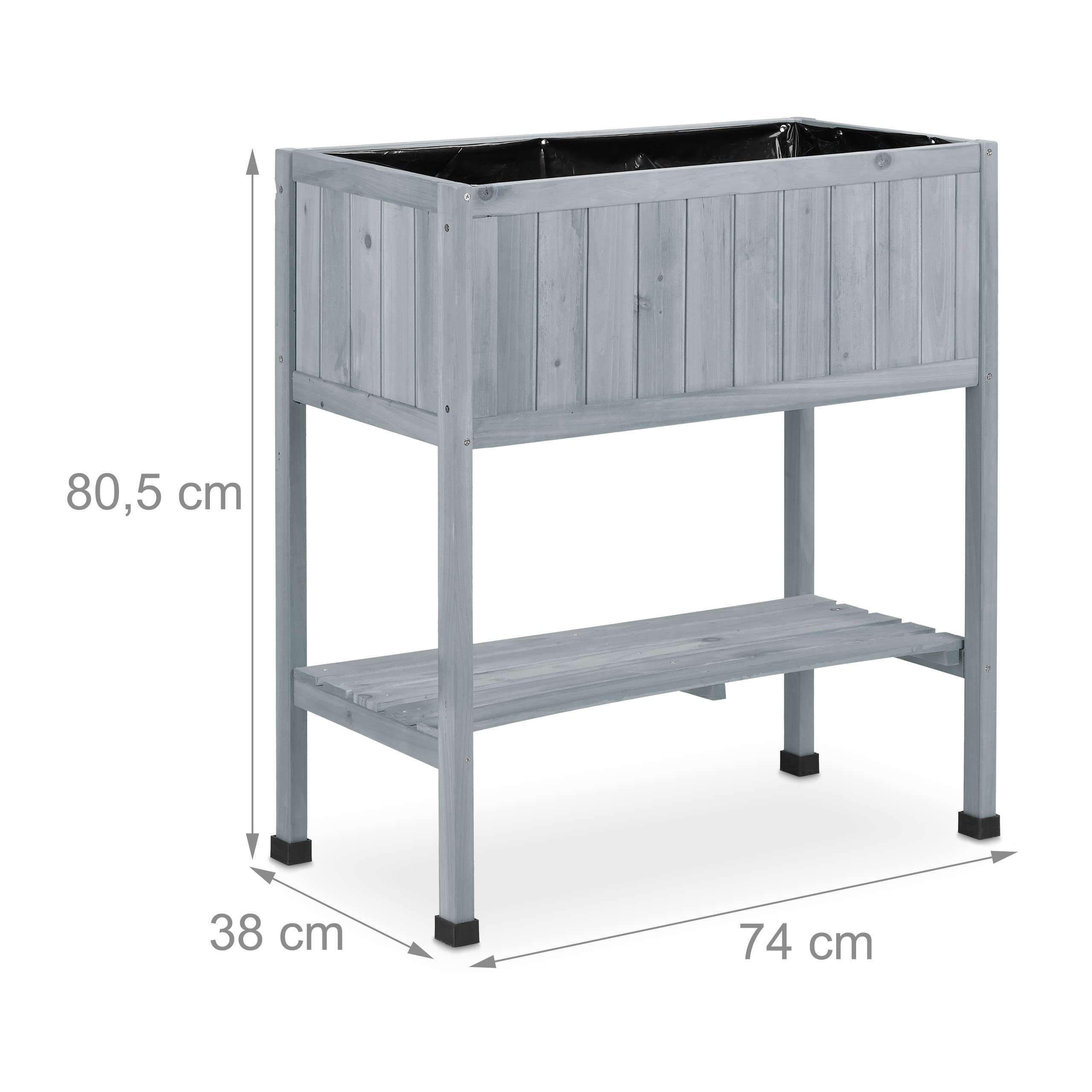 Relaxdays Huerto Urbano Madera, Bancal Alto, Jardinera, Balda de Herramientas, 80,5 x 74 x 38 cm, Jardín, Balcón, Gris