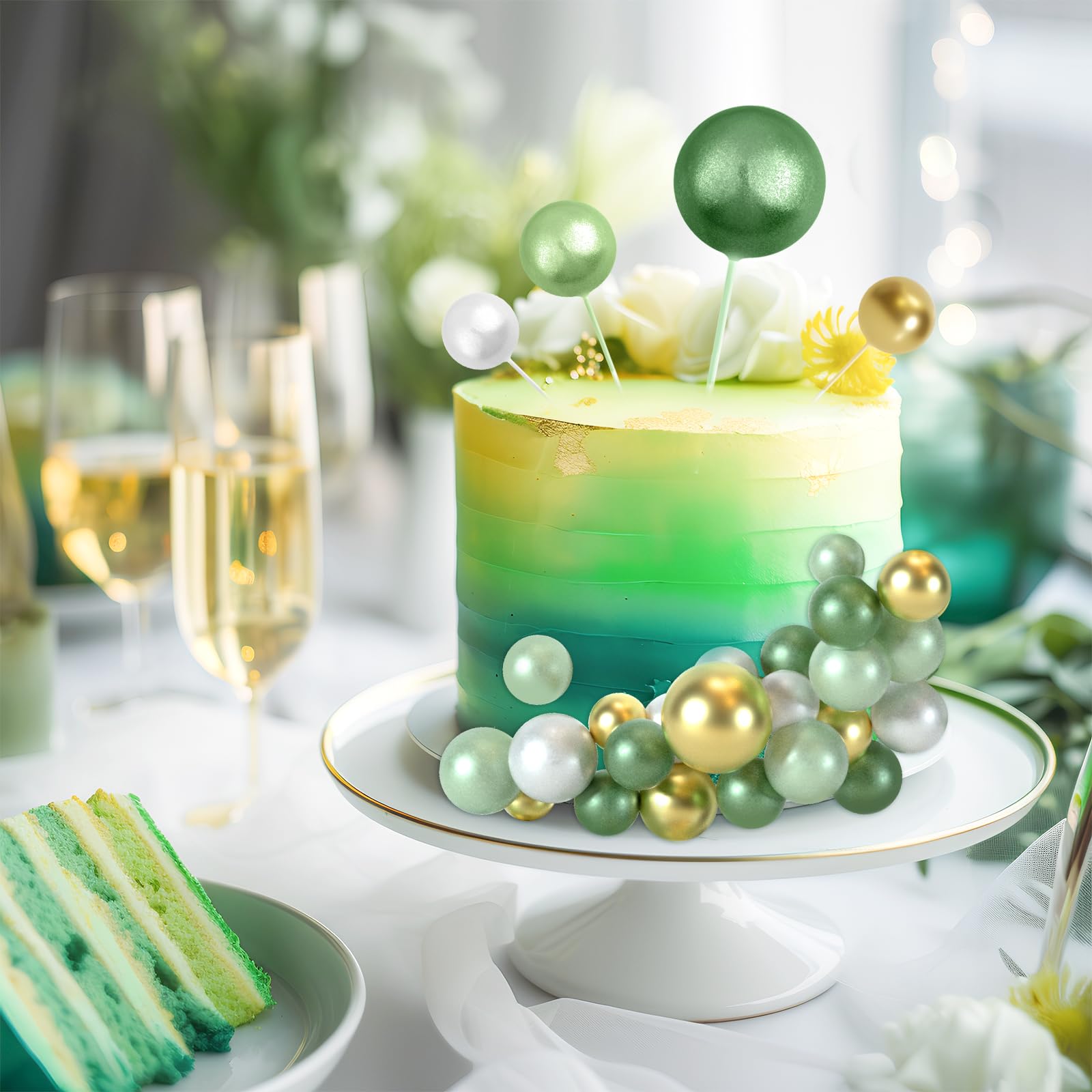 48 sztuk kulek na tort topper dekoracje piankowe babeczki Topper kulki dekoracje na tort urodzinowy ślub rocznica ślubu (zielony, biały, złoty)