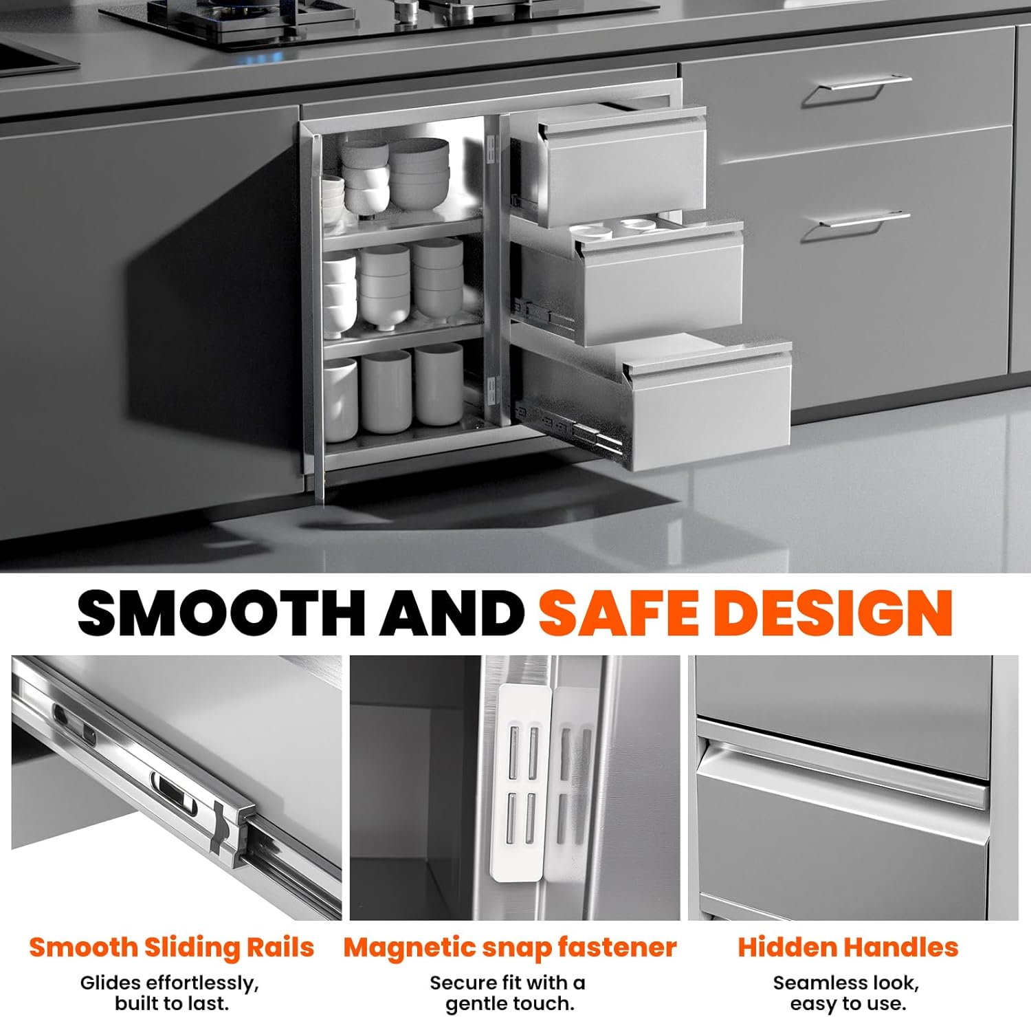 28"Wx22"Hx19.7"D Embedded BBQ Island Drawers, Outdoor Kitchen Door Drawer Combo Cabinets, Triple Drawers/Access Door(3-Layer) Thickened Sliding Rails, Perfect for BBQ Island Patio Grill Station