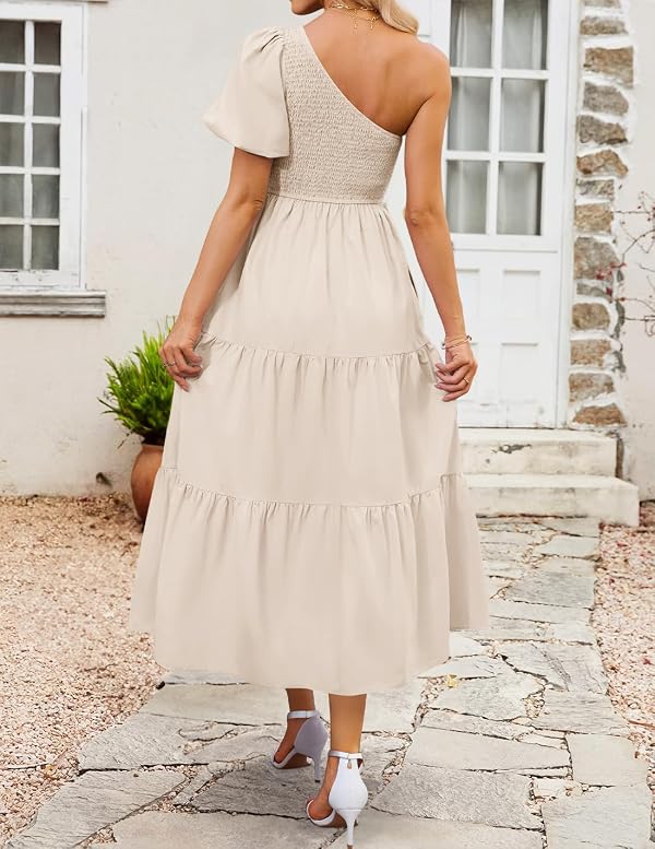 ZESICA Women's Boho Summer One Shoulder Short Sleeve Smocked Side Split Ruffle Swing Midi Dress Apricot M by ZESICA - Image 3