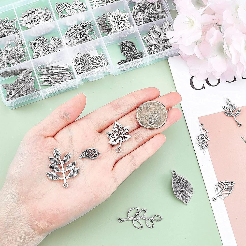 PH PandaHall 150pcs Tree Leaf Charms, 15 Style Filigree Metal Leaf Pendants Plant Charms Antique Silver Tibetan Alloy Leaves Pendants Beads for Spring Fall Bracelet Necklace Jewelry Making - Image 3