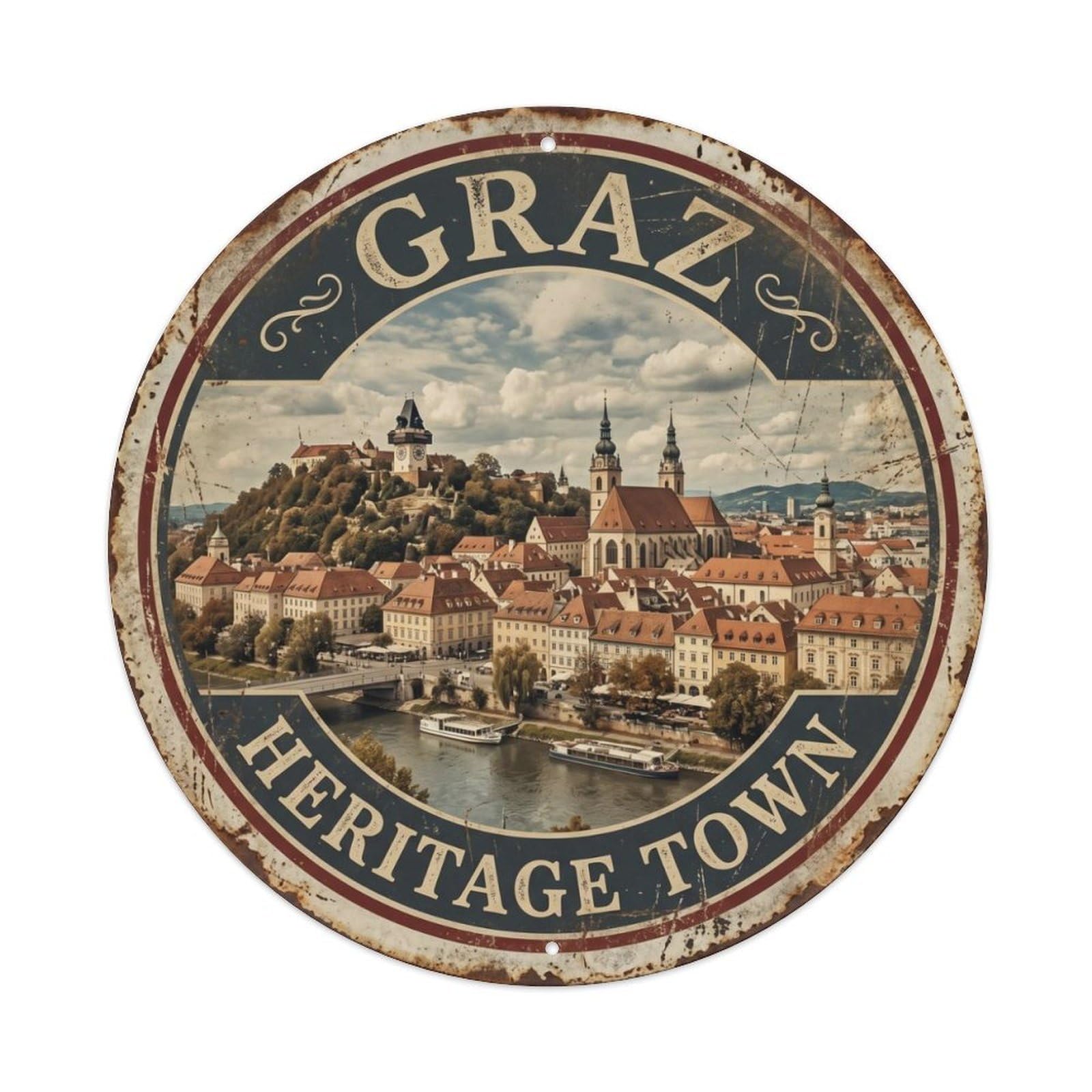 Vintage Travel Graz Austria Heritage Metal Tin Sign Plaque Wall Decor for Cafe, Club, Garden Round Metal Poster 8x8Inch