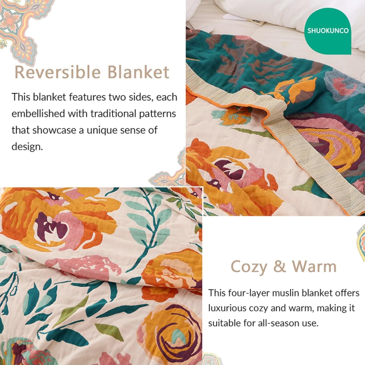 Boho Throw Blanket for Bed 100% Cotton Ultra Soft Rustic Quilt Floral Printed Farmhouse Decor Fall Bed Blankets,60"×80" All Season Rustic Large Throw for Sofa Couch Chair - Image 5