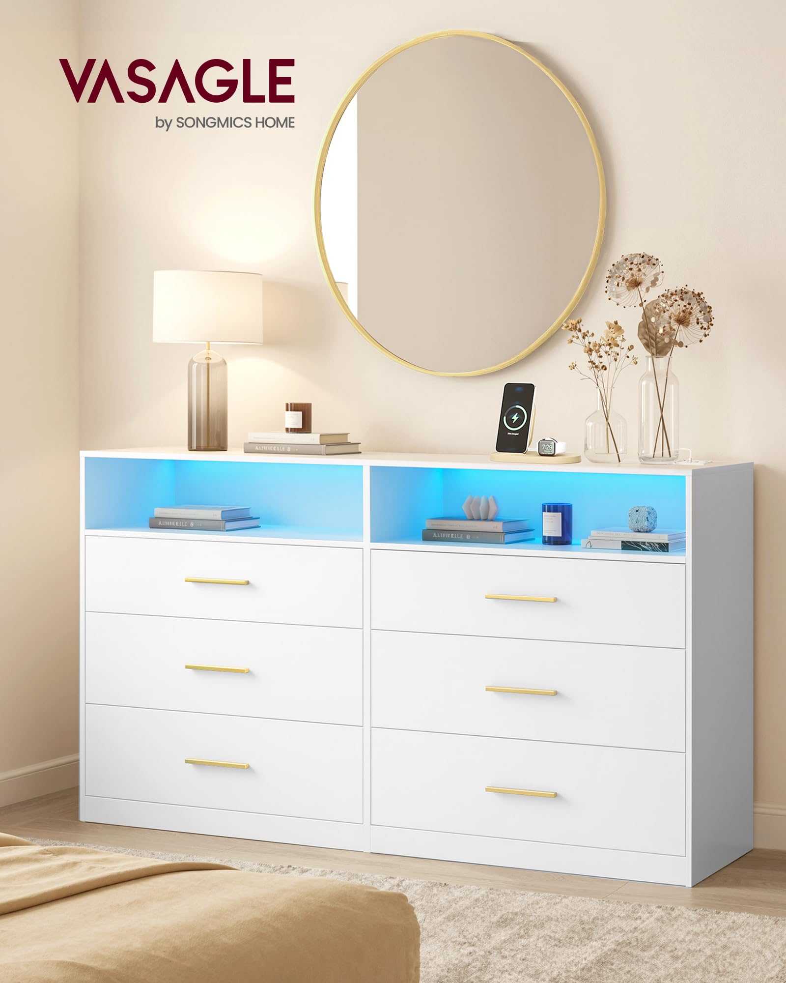 VASAGLE CUSTOS Collezione - Cassettiera Camera da Letto, con LED e Presa Multipla, Moderno, Mobile TV per Soggiorno, 6 Cassetti, 40 x 119 x 81,2 cm, Bianco Nuvola LTS316WB01