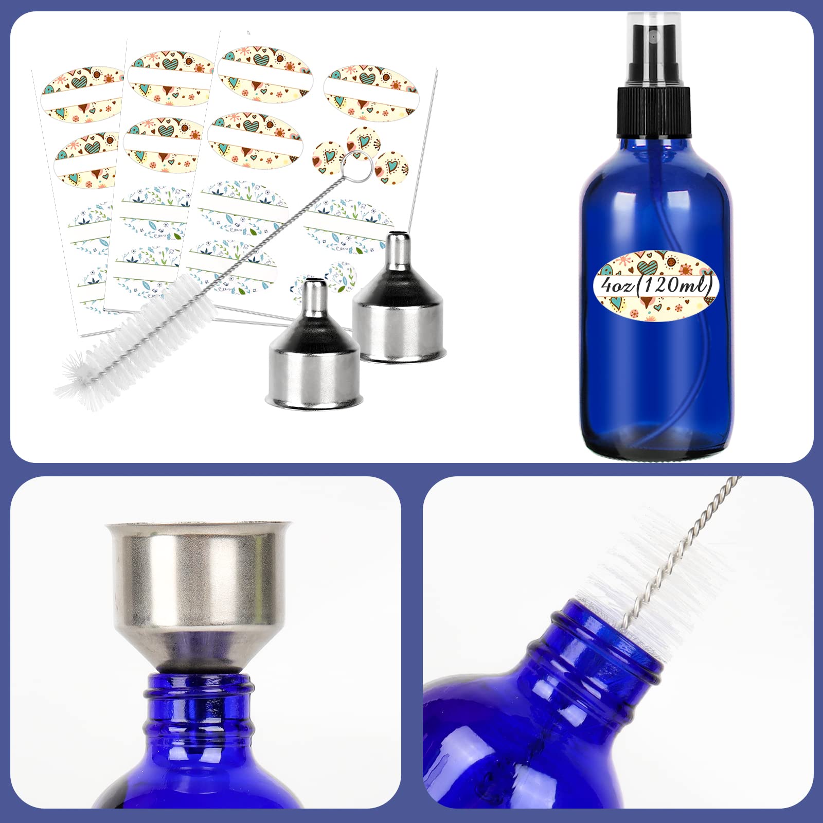 CycleMore Niebieskie szklane butelki z rozpylaczem o pojemności 120 ml, 16 sztuk, z drobną mgiełką, szklane butelki podróżne na kosmetyki, olejki eteryczne, perfumy i inne płyny (1 szczotka, 2 lejki i