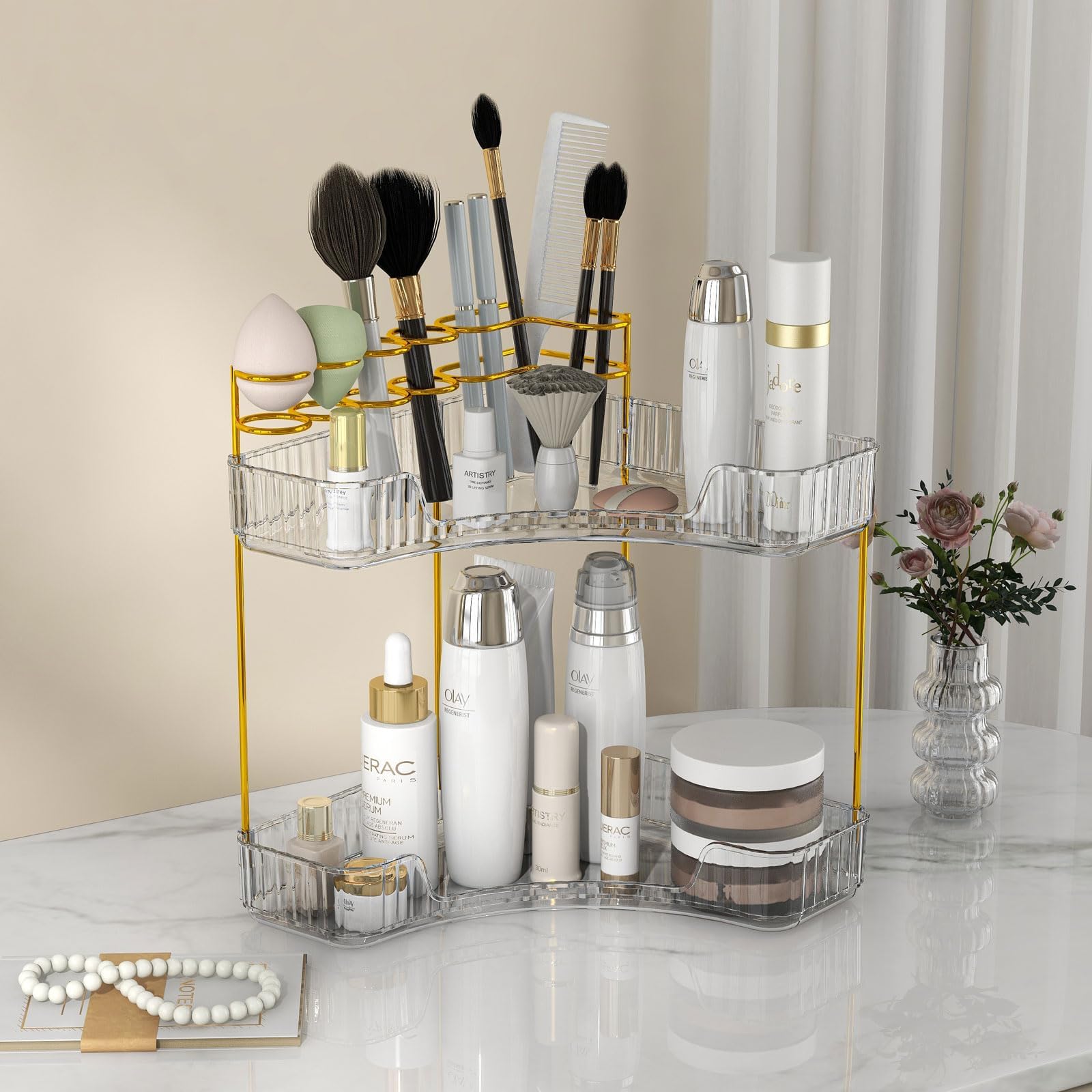 Bathroom Vanity Organizer Makeup Storage Organizer 2 Tier Corner Counter Shelf for Cosmetic Skincare, Transparent/Gold