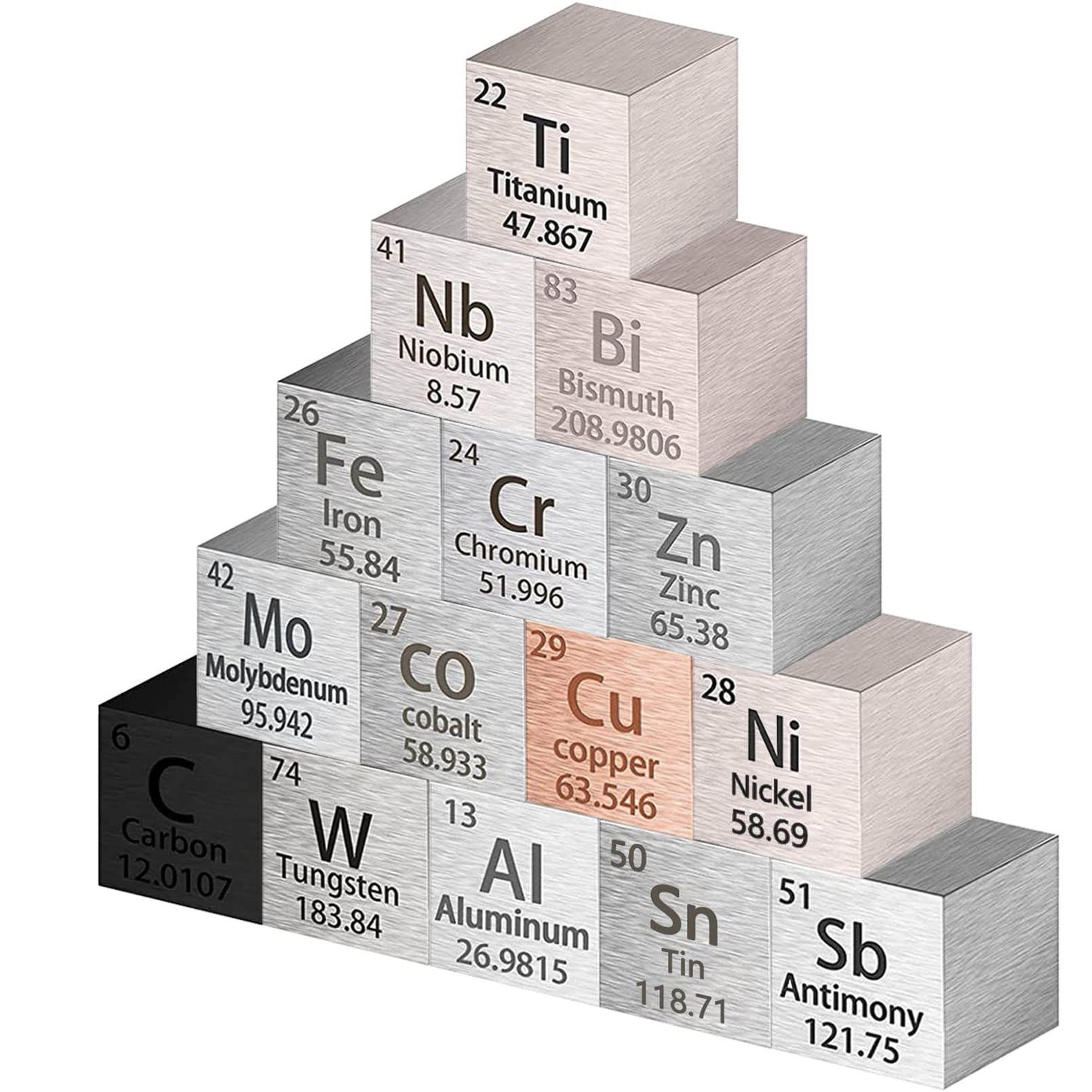 15 Stück Metall Würfel - Dichte bis zu 99,99% Reines Periodensystem - Wolfram, Titan, Wismut, Aluminium, Kupfer für Element Sammlungen und Hobbys