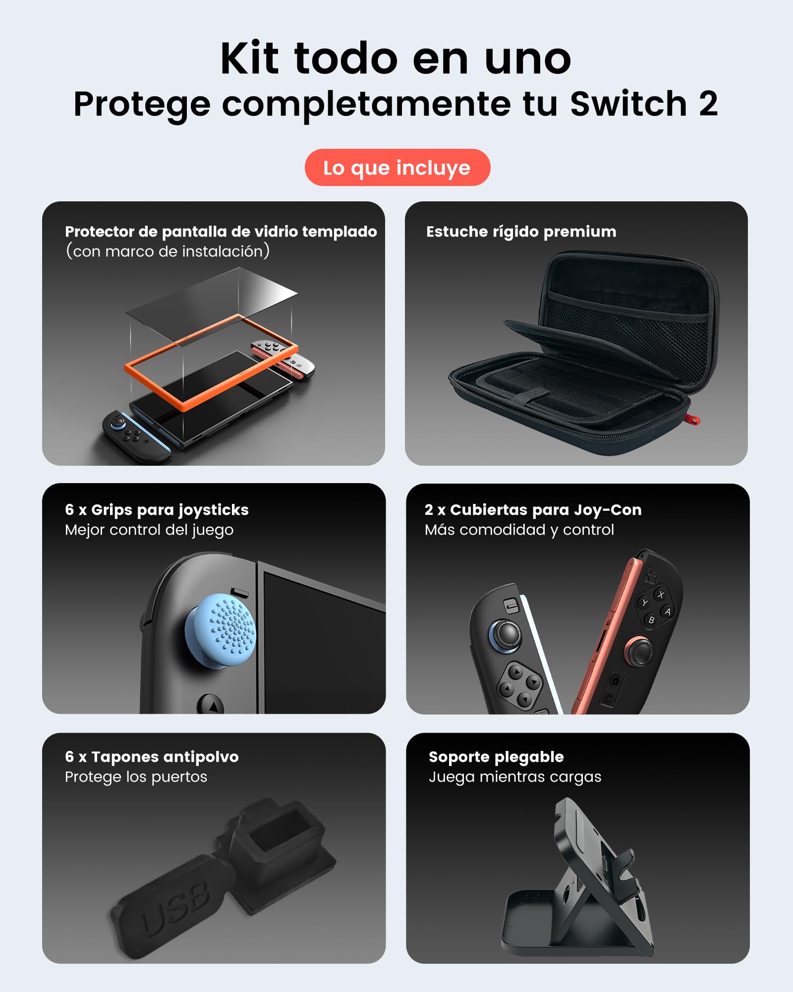 TRANSNOVO Funda para Nintendo Switch 2 con Accesorios – Estuche Rígido con 24 Ranuras para Tarjetas de Juego, Protector de Pantalla HD, Soporte, Capuchones de Joystick y Carcasas para Joy-con