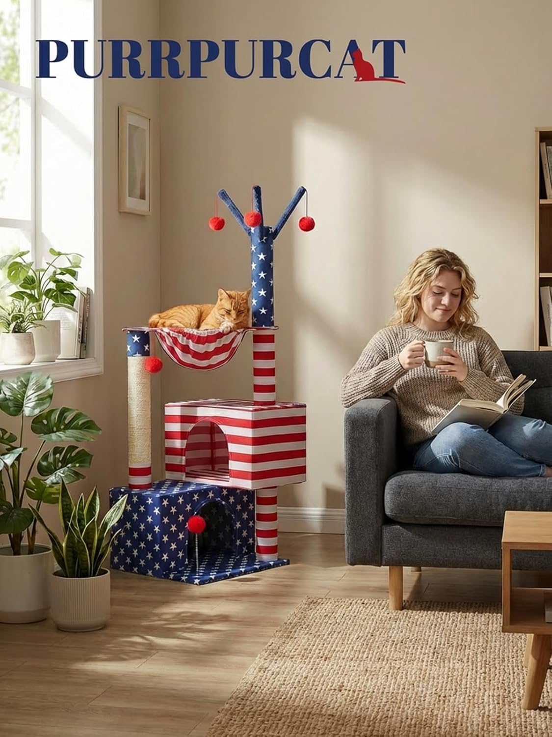 American Flag Cat Tree for Kittens & Senior Cats, 45” Stable Cat Tower Corner Fit, Patriotic Star & Stripes Cat House for Small Spaces with 2 Condos, Hammock & Reinforced Scratching Posts