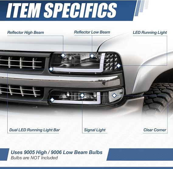 Auto Dynasty 4PCS LED DRL Headlights Assembly and Bumper Lamps Compatible with Chevy Silverado Suburban 1500 2500 3500 Tahoe 99-06, Driver and Passenger Side, Black Housing Clear Corner