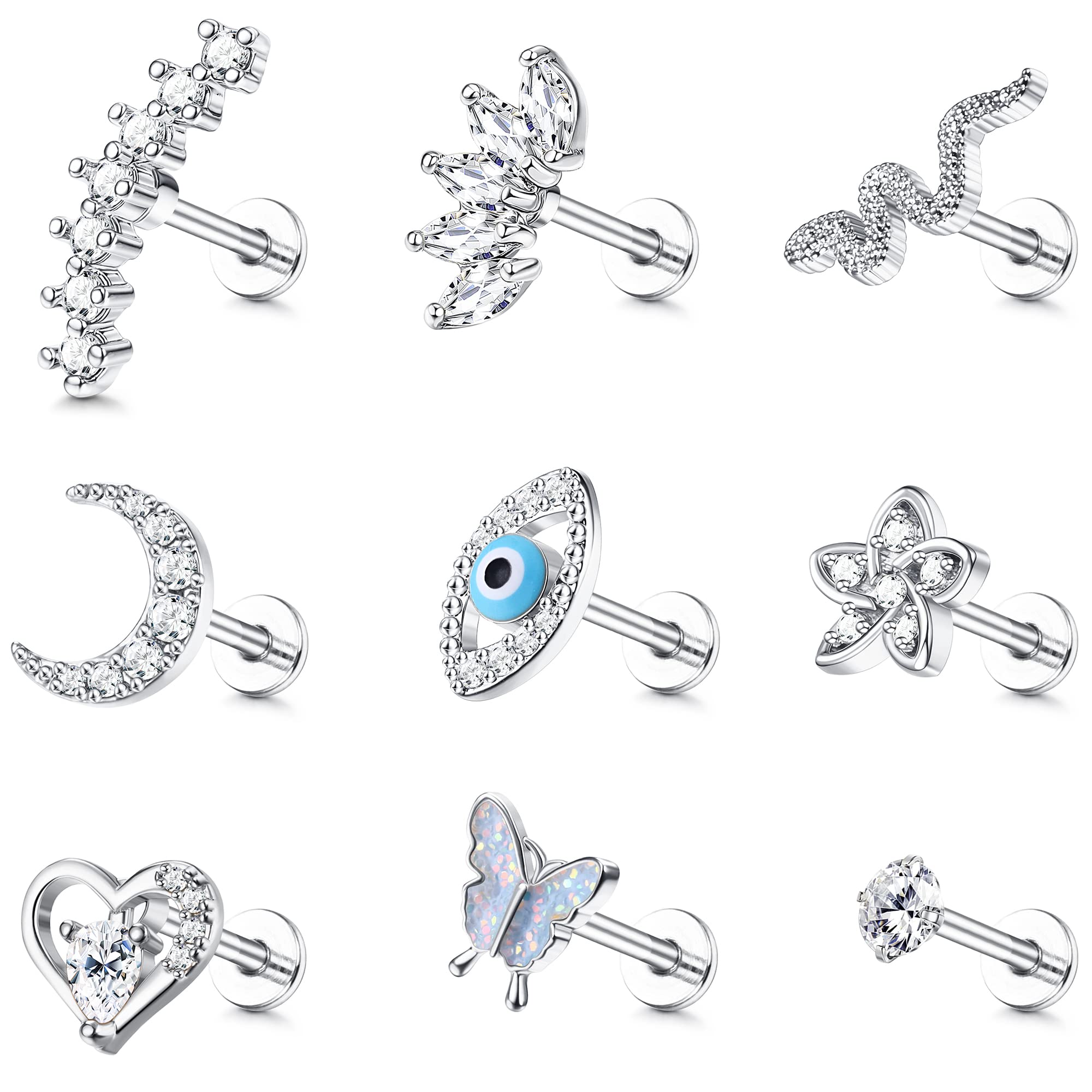 Adramata 9 Pcs 16G Piercing Oreja para Mujere Acero Quirúrgico Pendientes Set Concha Tragus Pendientes Piercing Mal de Ojo Mariposa Flor Oreja Piercing Helix Cartílago Tragus Piercing Joyería