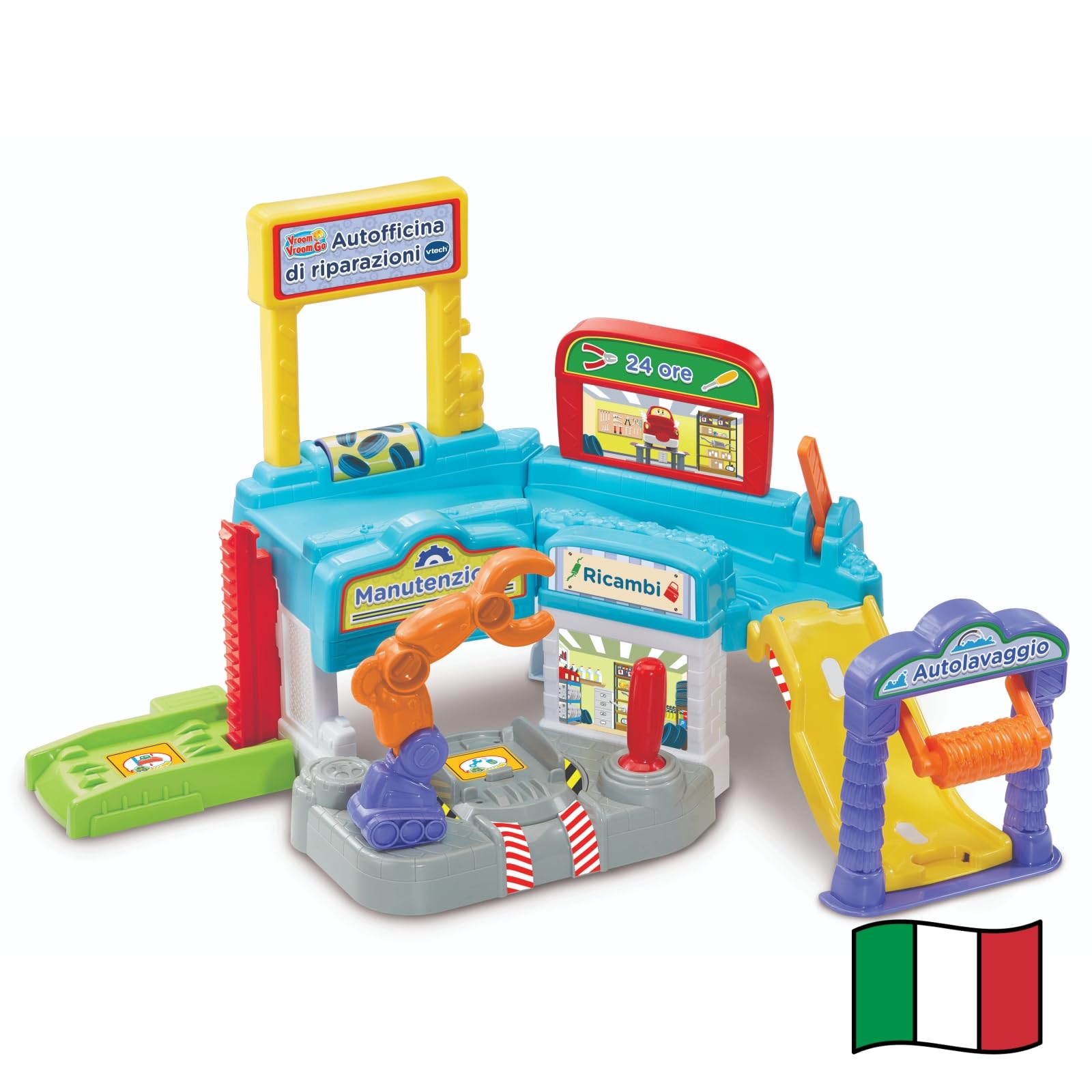 VTech Vroom Vroom Go - Autofficina di Riparazioni, Pista Macchinine con Garage Multifunzione, Braccio Robotico, Incluso 1 Veicolo, 3 Zone Magiche, Lingua Italiana, Batterie Incluse, 1-5 Anni