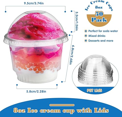 Miniatura 2 de Paquete de 50 vasos de postre de plástico transparente de 8 onzas con tapas de cúpula, vasos de plástico transparente desechables, vasos de plástico