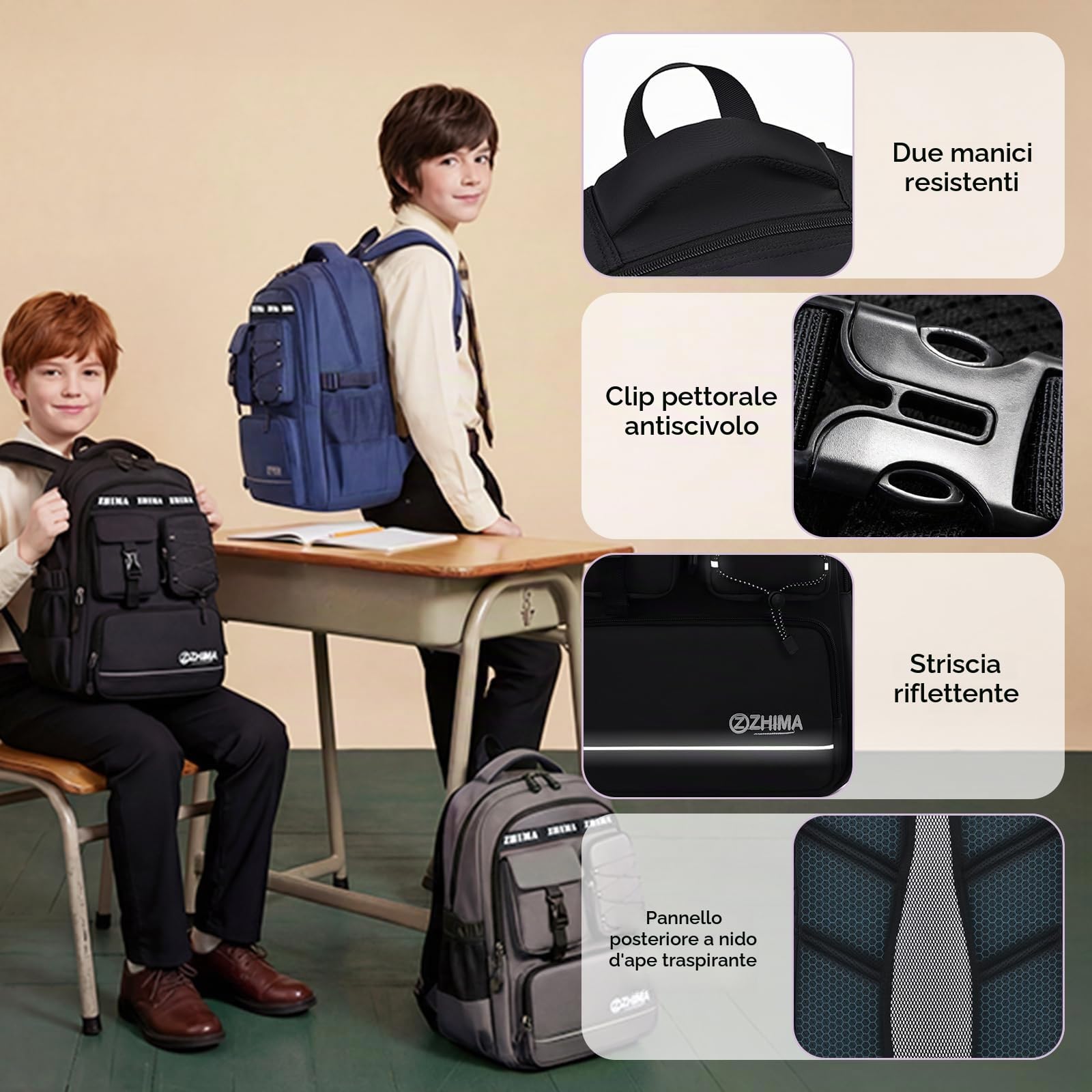 Amythe Zaino Scuola Ragazzi Teen 8 a 18 anni Grande Riflettente Liceo, Nero | Impermeabile Scomparto Laptop Viaggio Leggero Nero Daypack Multitasche Capiente Resistente per Scuola Escursione Tempo Libero