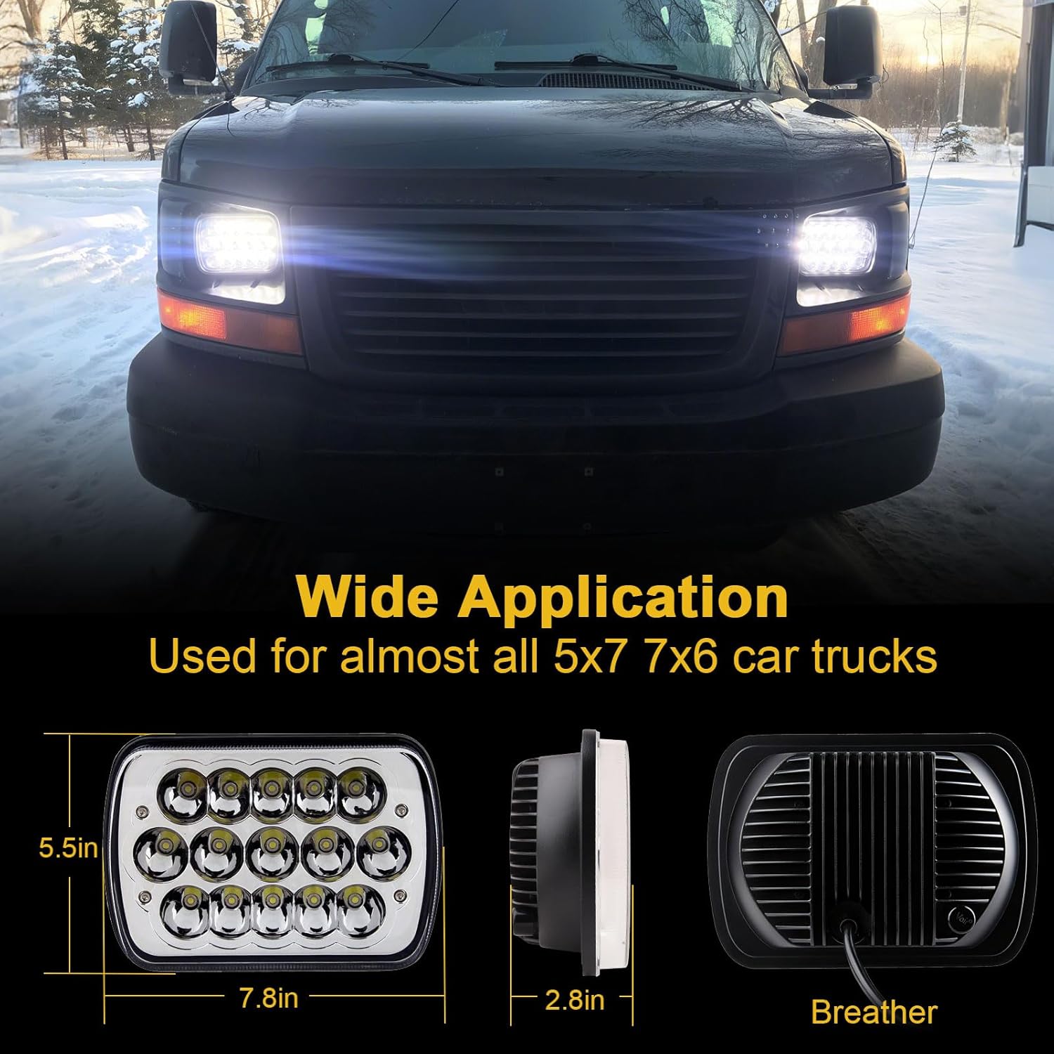 H6054 LED Headlights, 2Pcs Rectangular 5x7 7x6 LED Headlight Hi/Low Sealed Beam Headlamp H4 9003 Plug 6054 H5054 Compatible with Cherokee XJ/Wrangler YJ Puckup Truck Van