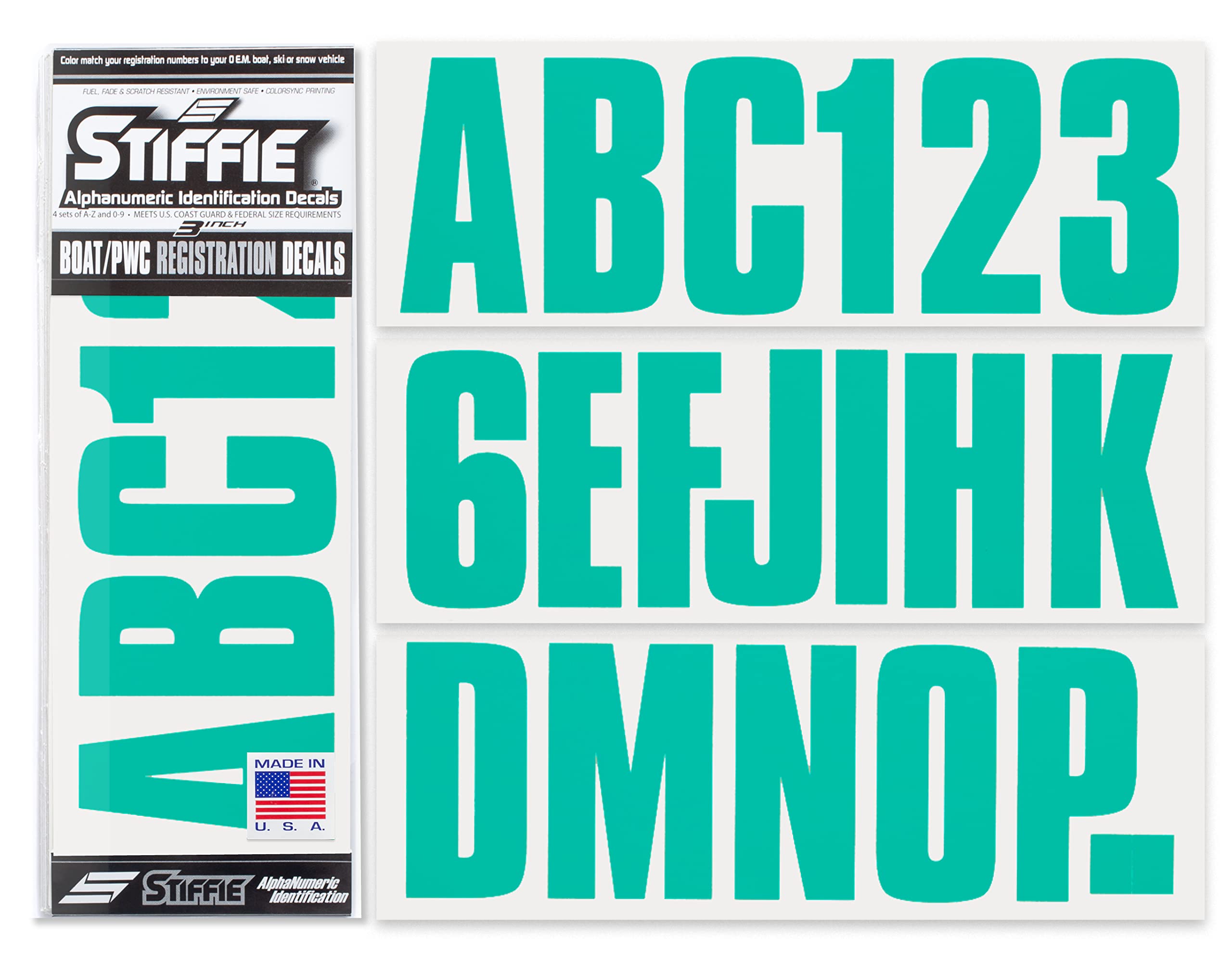 STIFFIE Uniline Sea Teal 3" Boat &amp; PWC Registration Decals • Numbers Letters Stickers