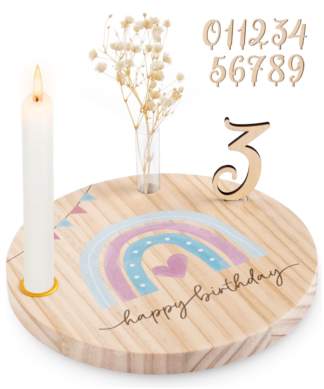 Geburtstagsteller Holz Personalisierter Geburtstagskranz mit Kerzenhalter Vase Zahlen 0-9 Gästebuch Geburtstag Geburtstagsdeko Geburtstagsgeschenk für Jungen Mädchen, (Regenbogen)