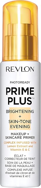 Revlon Prime Plus Makeup & Skincare Primer, Brightening and Skin-Tone Evening, Formulated with Vitamin C and Lactic Acid, 30ml