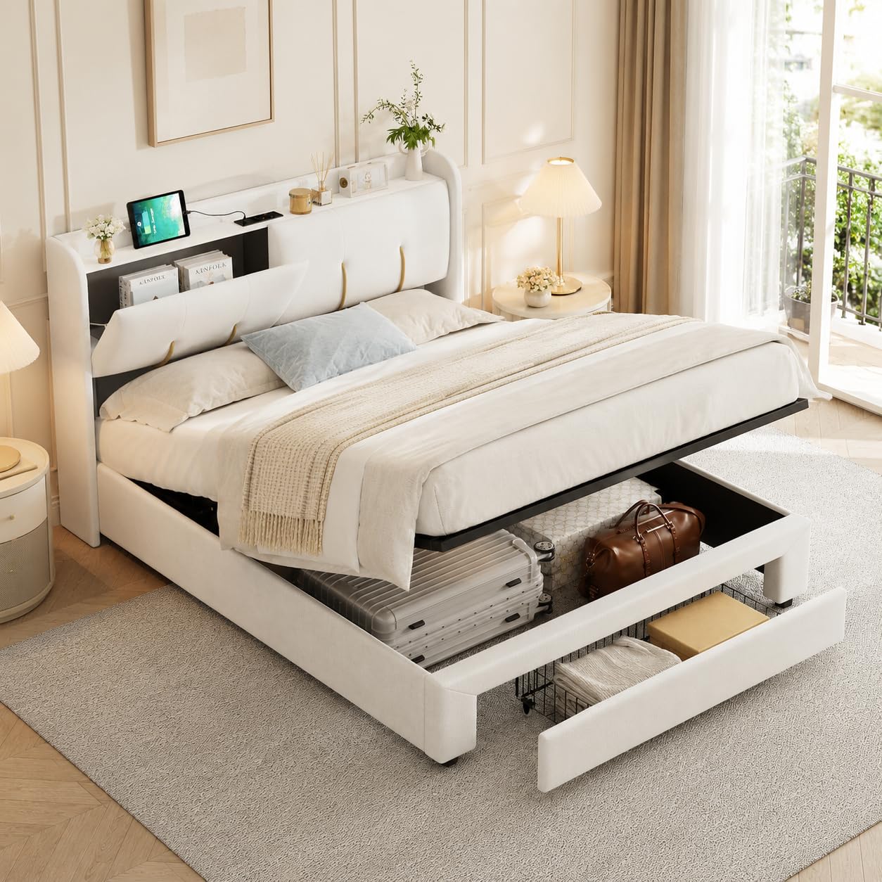 CDQL Letto matrimoniale 160 x 200 cm con vano contenitore pneumatico, Letto contenitore con 1 cassetto, porta USB e luci LED, rivestito in velluto beige