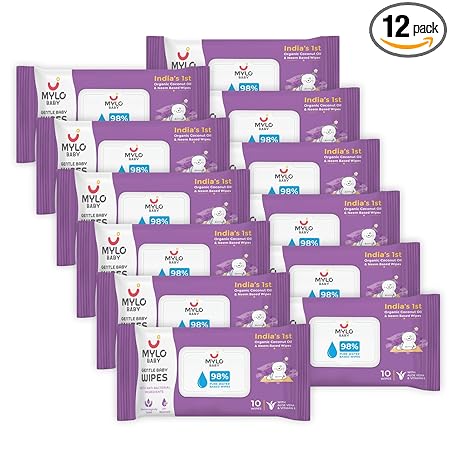 Mylo Gentle Baby Wipes Travel Pack with Organic Coconut Oil & Neem Pack of 12 (120 Count) Ideal for Your Baby's Everyday Skin Care Routine