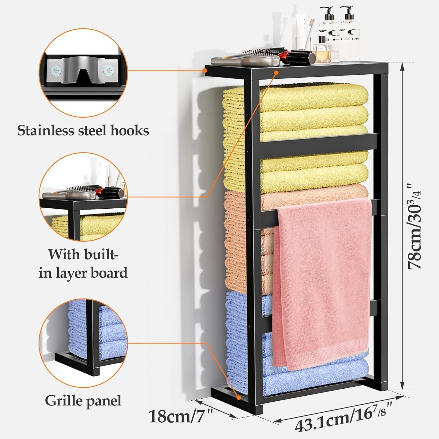 Bamboo Wall Blanket Ladder, 4-Tier Towel Racks, Blanket Holder with Anti-Slip Construction Home Decor, Decorative Blanket, Quilt, Towel, Scarf Ladder Shelves for Bathroom, Living Room, Bedroom, Black