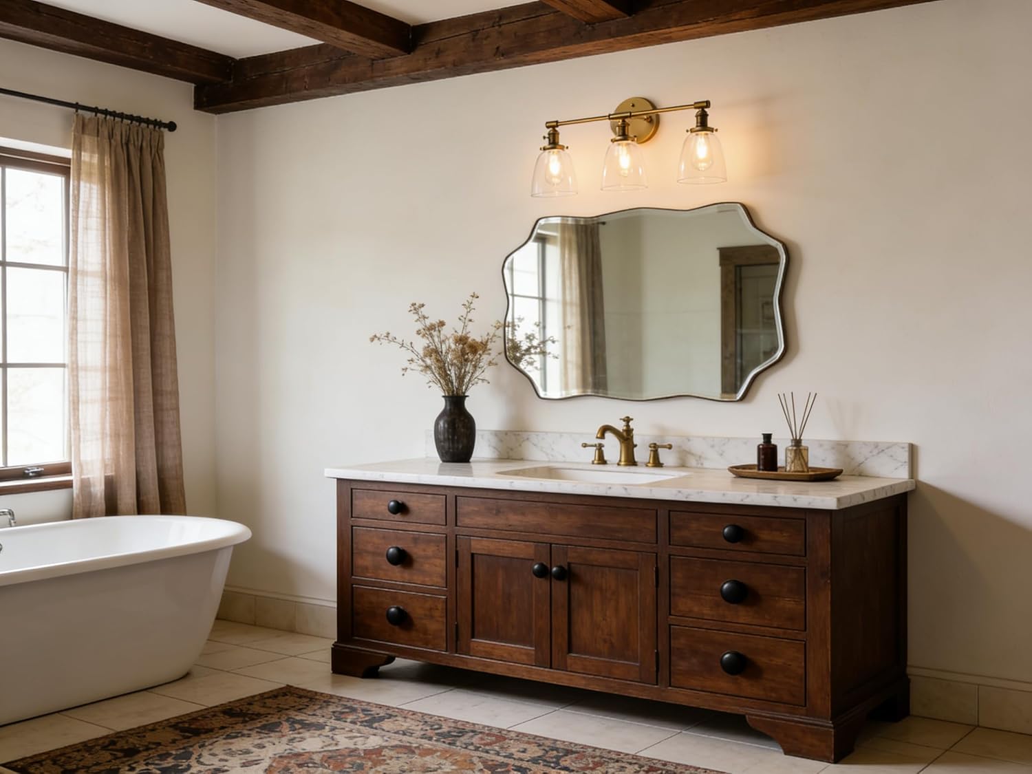 Phansthy 3-Light Wall Sconces Antique Brass Vanity Light, Industrial Wall Lamps with On Off Switch and Clear Glass Lampshade, Vintage Wall Lighting for Bathroom Living Room (Antique, Bell Shade)