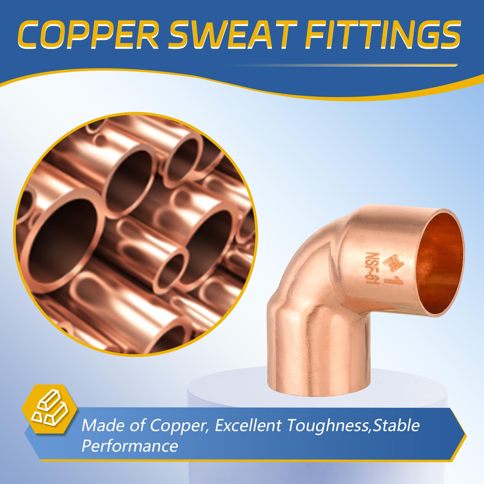 Paquete de 5 Codos de Cobre de 90° GUOFIS de 1 Pulgada C x 1 Pulgada C, Codos de Radio Corto LF con conexión de Soldadura para Uso residencial y Comercial (COPPER049)