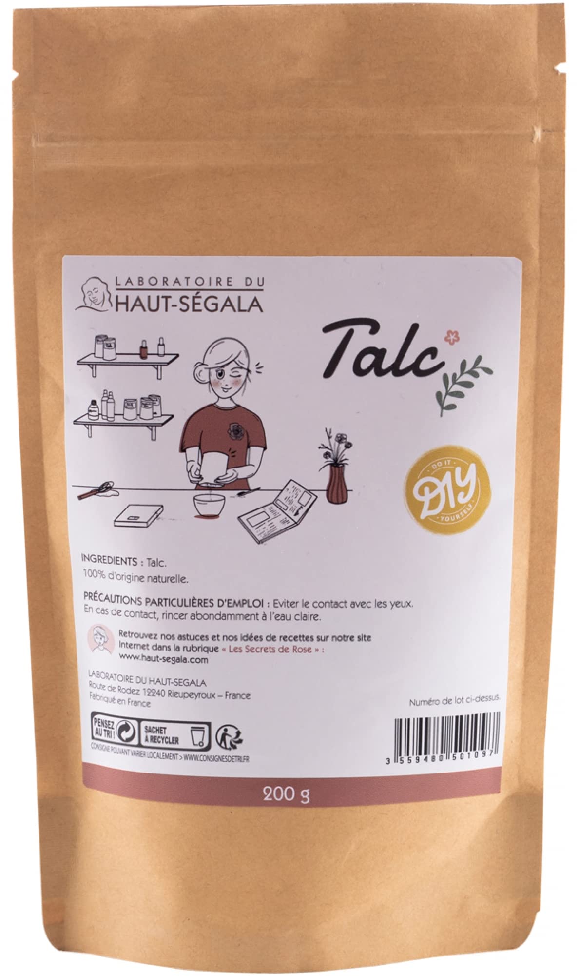 Laboratoire du Haut-Ségala Pharma Talc Powder, 200g, Additive & Fragrance Free, For Daily Skin Care & Preventing Irritations & Redness