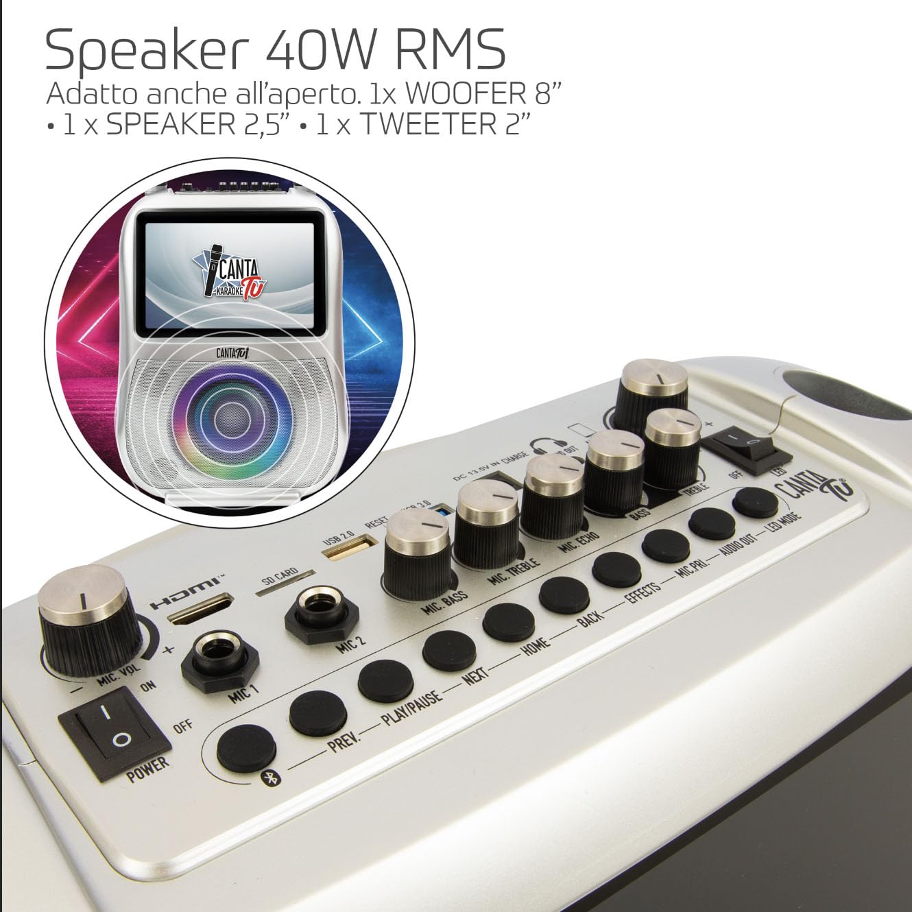 CANTA TU KARAOKE - PRO 2023 Professionale Completo con Microfono Wireless, Display Touch, Connessione Wi-Fi, Effetti Vocali, Luci LED, Batteria Ricaricabile, Voice Changer, Argento
