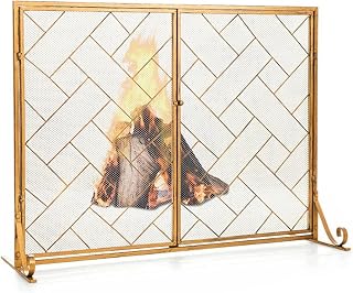 Fireplace Guard Screen Metal Mesh Fire Screen Guard With Double Door, Guard Safety Fence With Metal Mesh, Wrought Iron Modern Design (Color : Gold)