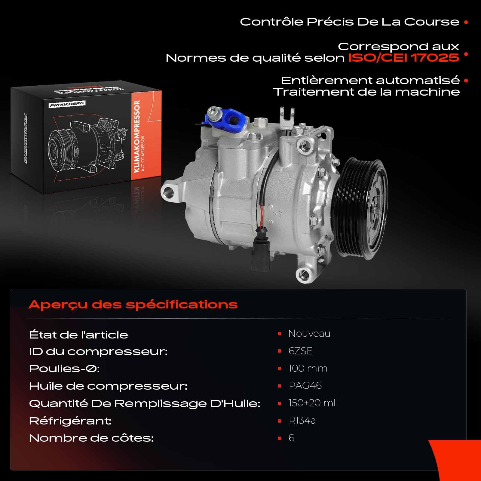 Frankberg Compresseur de climatisation avec embrayage, diesel | Compatible avec: T.r.a.n.s.p.o.r.t.e.r V Fourgon 7EA 7EH 7HA 7HH ,T.r.a.n.s.p.o.r.t.e.r V Bus 7EB 7EJ 7HB 7HJ ,