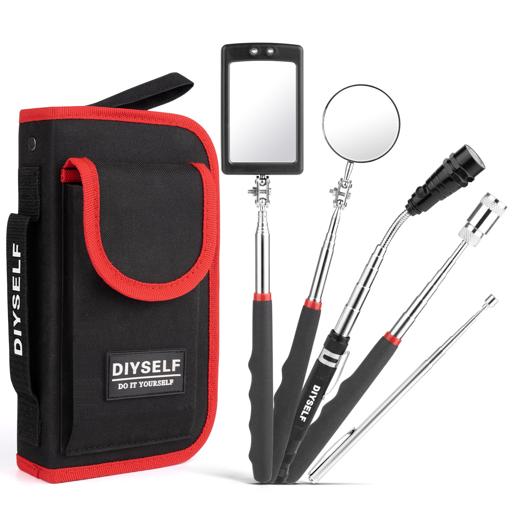 DIYSELF Telescoping Magnetic Pickup Tool, Inspection Mirror Telescoping, LED Flashlight, Telescoping Magnet Stick, Flexible Magnet Pickup Tool, Gadgets for Men, Cool Gifts for Dad, Husband, 5-in-1 Set