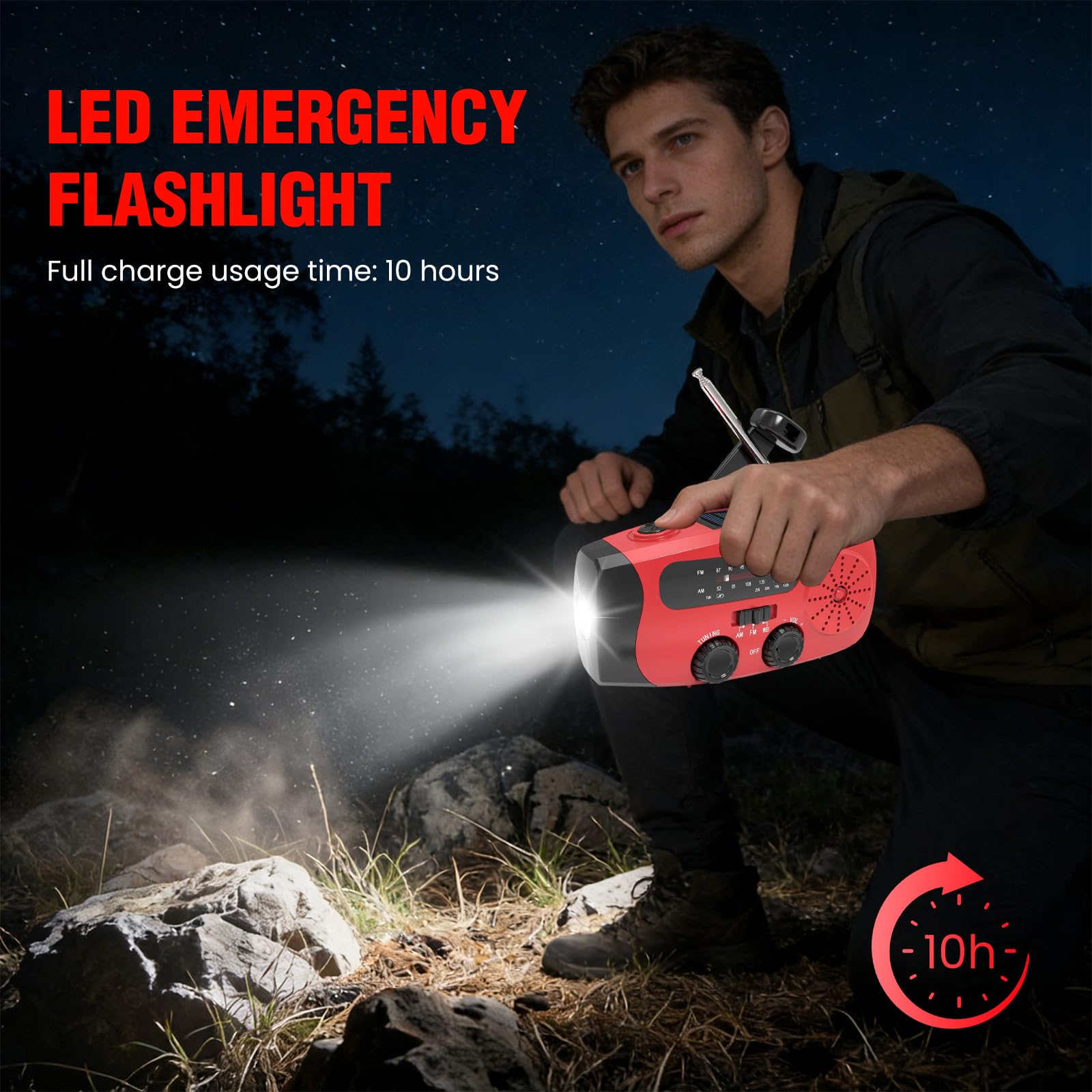 Kurbelradio mit Solar und LED Taschenlampe, 3-LED-Taschenlampe/AM/FM/Wetter/USB-Handyaufladung, Tragbar für Camping, Wandern & Notfallvorsorge