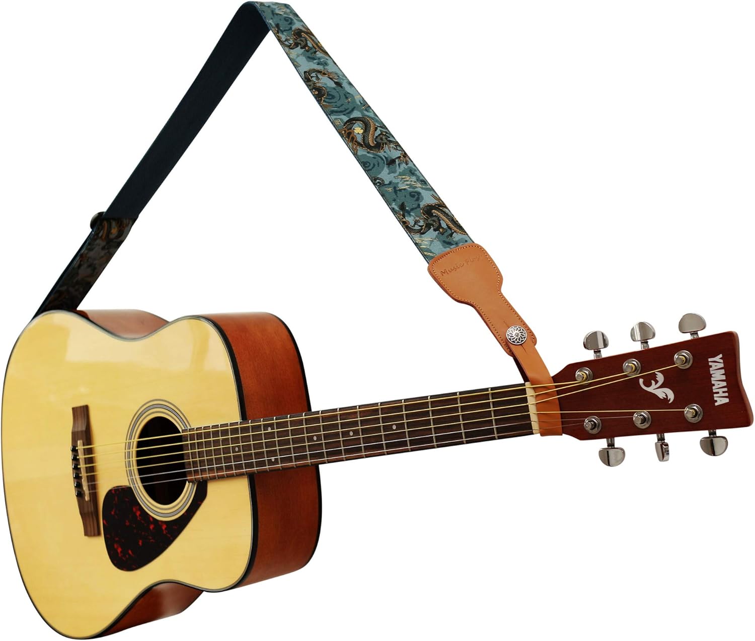 MUSIC FIRST Original Design, 2 inch width (5cm), Ukiyoe Style “The Dragon King” Soft Muslin & Genuine Leather Delux Guitar Strap,Electric Guitar Straps