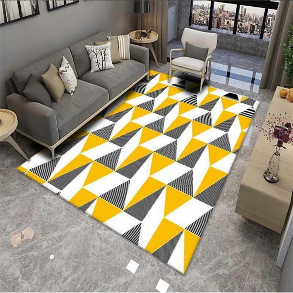 Tapis géométrique triangle gris et jaune pour chambre parentale