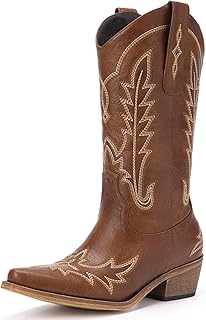 Cowboy Boots for Women - Cowgirl Boots with Embroidery, Chunky Heel Pointed Toe Pull-on Vintage Western Mid Calf Fashion Boots for Ladies - Buy now