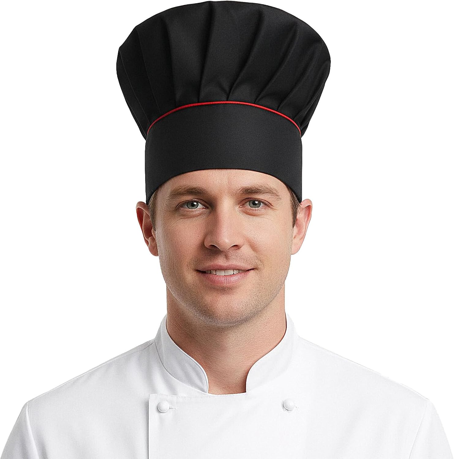 Hibachi Hat,Hibachi Chef Hat,Black Chef Hats,Adjustable Elastic Baker Kitchen Cooking Chefs Cap with Red Side Stripes for Men Women Black - Image 2