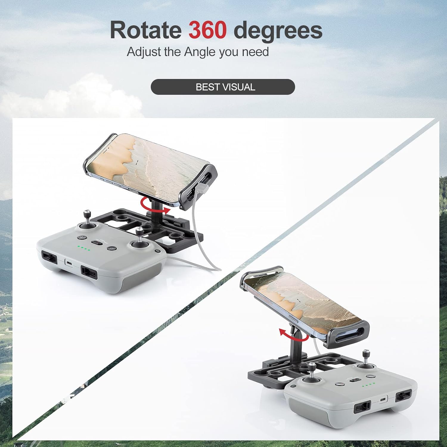 Two images demonstrating the 360-degree rotation capability of the STARTRC Tablet Stand, showing a tablet being rotated on the remote controller.