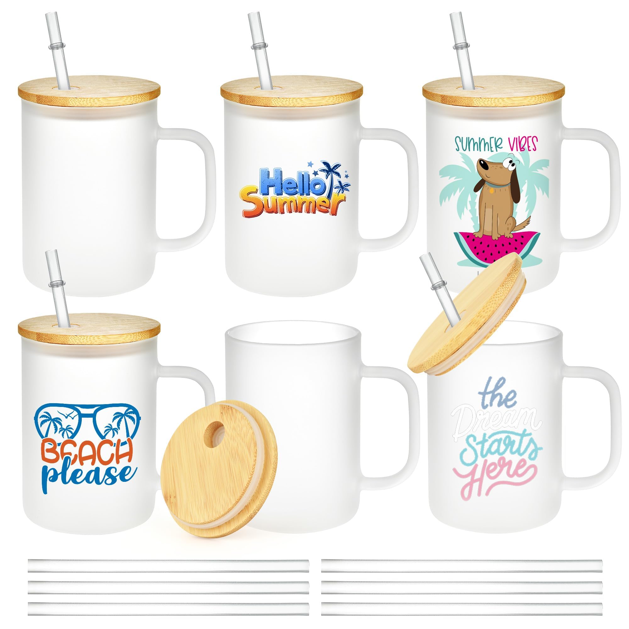 KASTWAVE 6 Pack Sublimation Glass Blanks with Bamboo Lid and Glass Straw, 17oz Frosted Sublimation Can with Handle, Sublimation Glass Cups, Sublimation Glass Tumblers for DIY Craft (480ml)