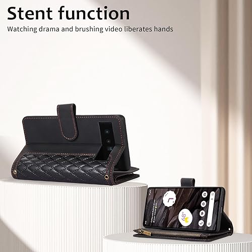 Miniatura 10 de Asuwish Funda para teléfono para Google Pixel 6 Pro con protector de pantalla de vidrio templado y correa para la muñeca, cremallera abatible,