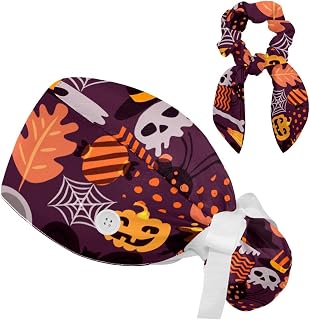 FVQL 2 Pieces Surgical Cap for Long Hair Scrub Cap with Hairband Nurse Cap, Halloween Pumpkin and Skull