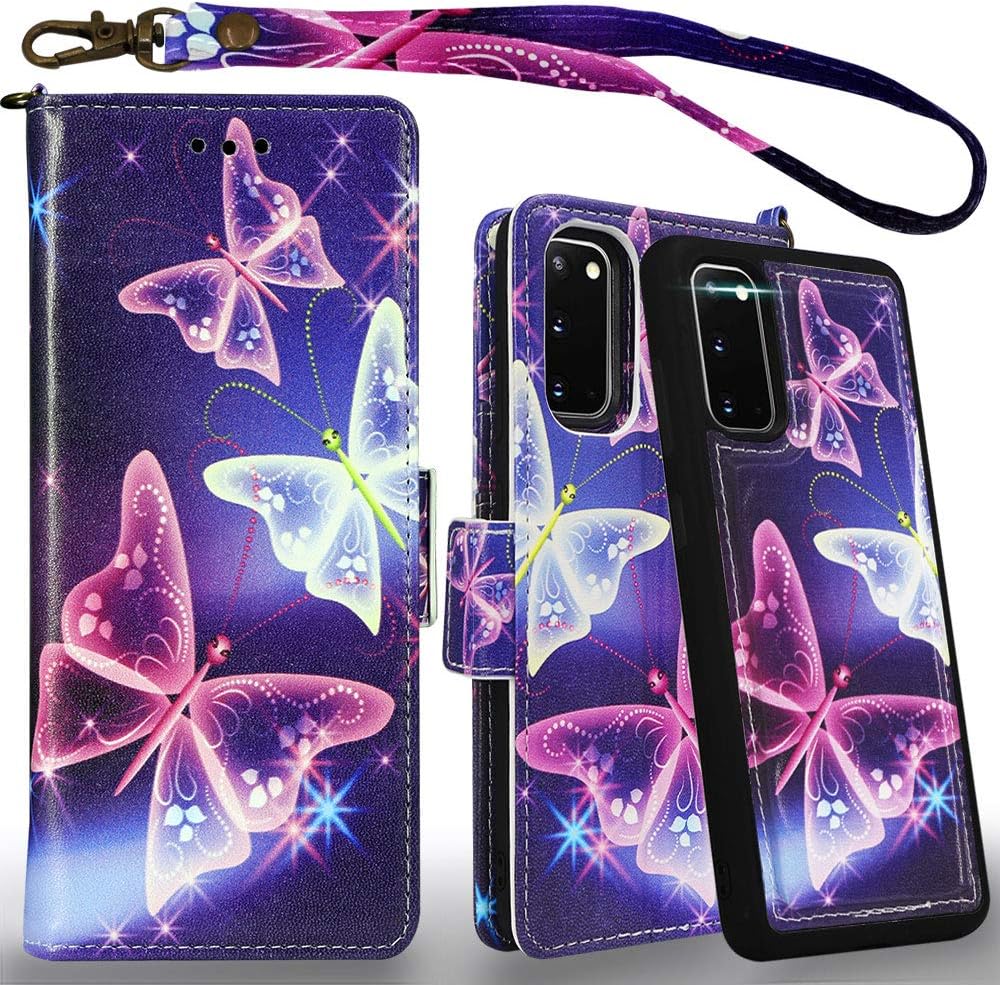Mefon Galaxy S20 Detachable Wallet Case, Wireless Charging Compatible, Durable Slim, 2 in 1 Magnetic Detachable Flip Cover Leather Folio Phone Cases for Samsung Galaxy S20 5G 6.2" (Butterfly 2)