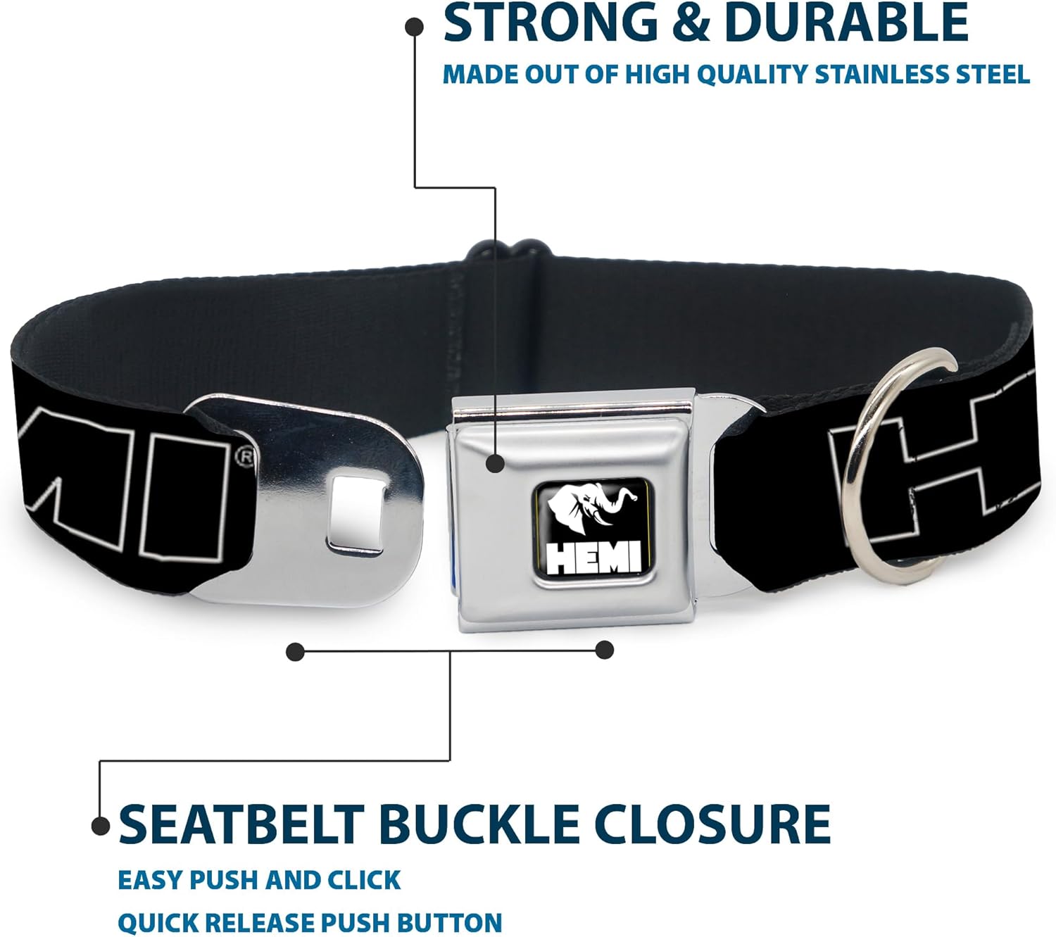 Buckle-Down Seatbelt Buckle Dog Collar - HEMI Bold Outline Black/White - 1.5" Wide - Fits 18-32" Neck - Large