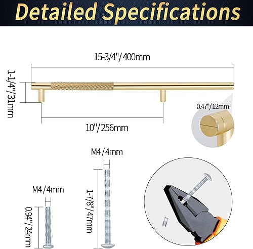 Miniatura 4 de Paquete de 12 tiradores moleteados para gabinete, manijas de gabinete de 16 pulgadas de largo, tiradores de puerta de metal, tiradores de cajón de