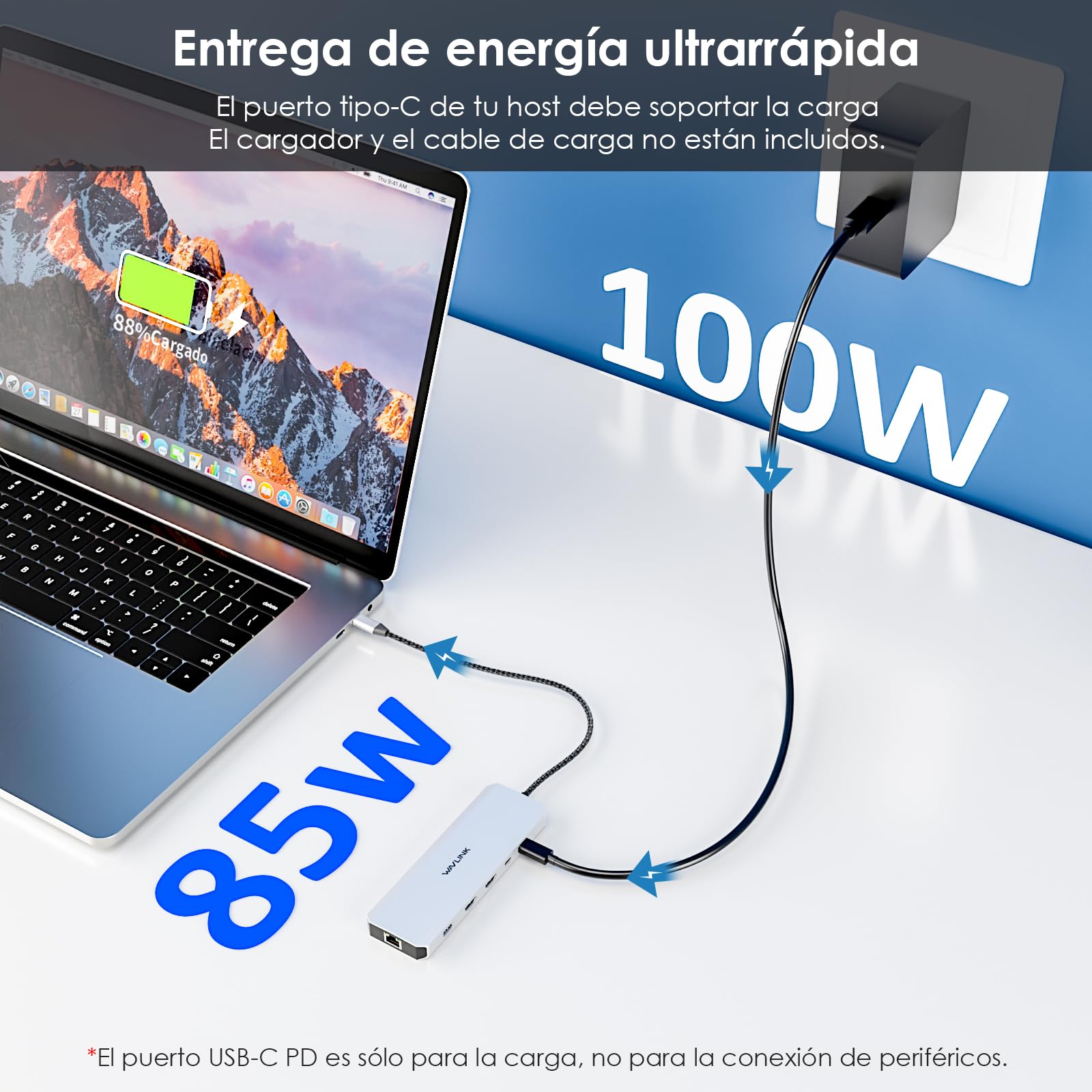 WAVLINK Estación de Acoplamiento para Laptop, concentrador USB C de 10 G con HDMI Dual, 100 W, USB-A/C 3.2 de 10 Gbps/5Gbps/Versión de actualización 2.0, Gigabit Ethernet para DELL/HP/Lenovo, etc., | Una sola salida 4K@60Hz, entrada de 100 W, 3 puertos US