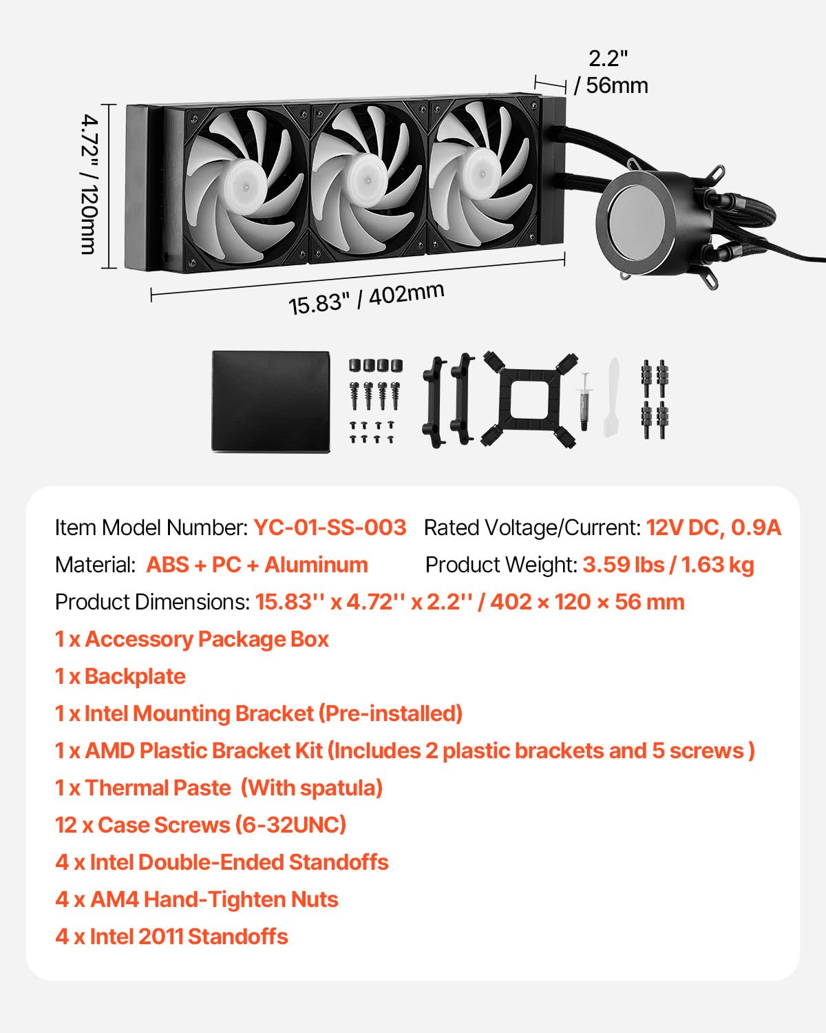 VEVOR Chłodnica cieczy CPU, AIO-CPU – 3 x wentylator i pompa PWN 120 mm, chłodzenie wodą PC z wyświetlaczem LCD 5,3 cm i światłem ARGB, do Intel 115X/1366/2011/1700/1200, AMD AM4/AM5