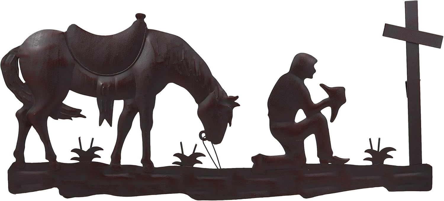Ebros Gift 21" Wide Wild West Kneeling Cowboy With Horse In Solemn Prayer By The Cross Metal Aluminum Wall 3D Art Sign Plaque Inspirational Vintage Western Country Decor Sculpture