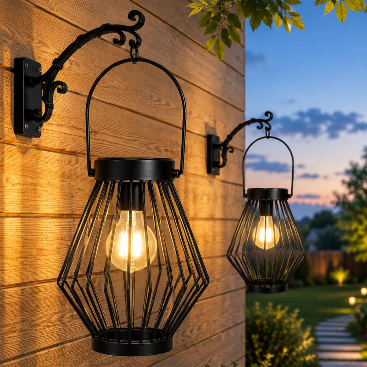 Solarlaterne für den Außenbereich, solarbetriebene Metallleuchte mit Griff, 2 Packungen, wasserdicht, kabellos, warm, Retro-Leuchtmittel, Design-Lampe für Hof, Garten, Terrasse, Zaun,